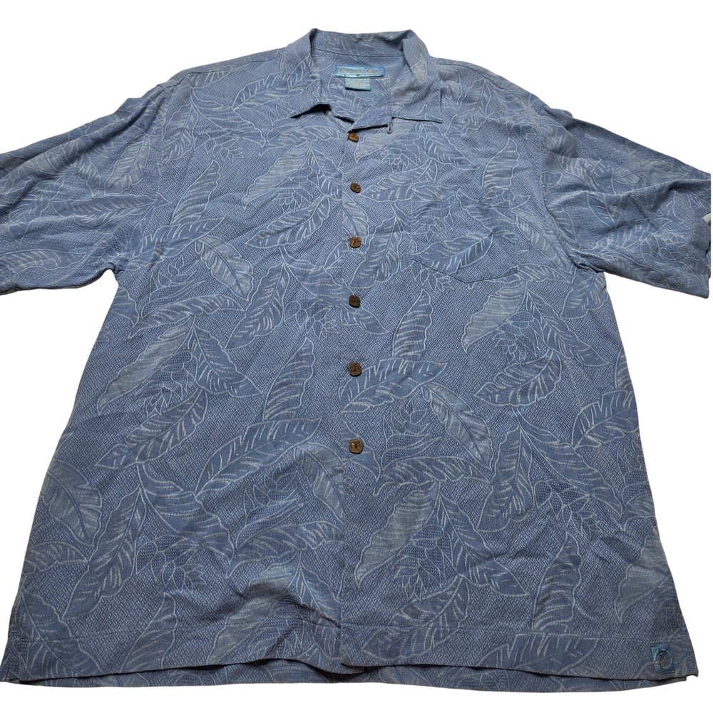 Bermuda Bay Mens XL Blue Silk Jacquard Tropical Leaf Camp Shirt Pigment Dyed
